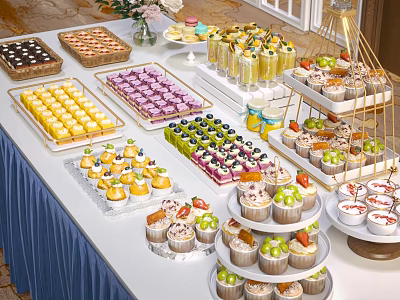 Elegant Tea Break Buffet With Assorted Desserts Tiered Stands And Beverage Jars 3d model