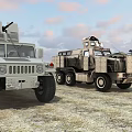 Military Functional Vehicles With Armored Design Crane And Tactical Equipment In Desert Terrain