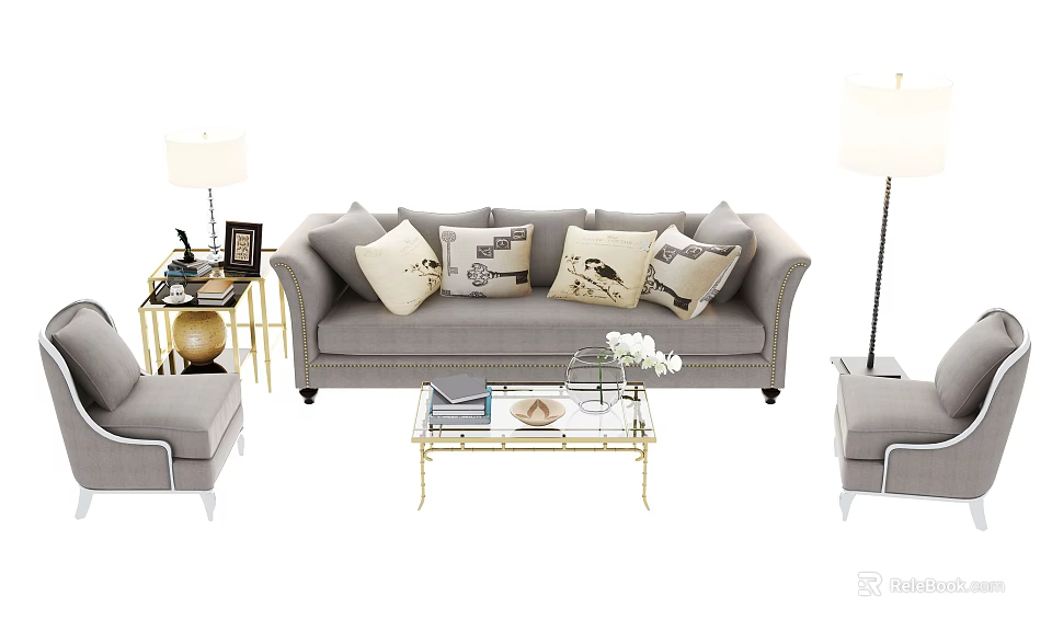 Gray Sofa Coffee Table Set With Patterned Pillows Metal Frame And Side Floor Lamp 3d model