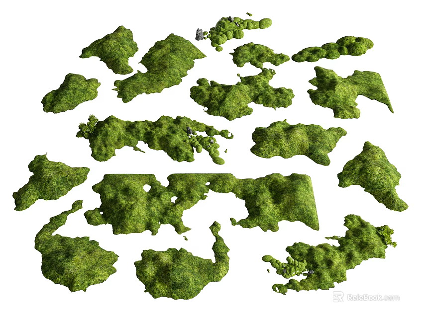 Green Moss Covered Microlandforms With Various Shapes For Natural Landscape Decoration 3d model 
