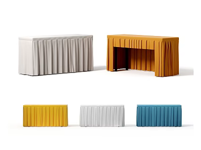 Exhibition Tables And Chairs Featuring White Orange Yellow Blue Pleated Tablecloths For Events 3d model