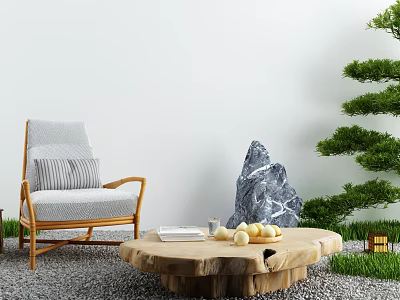 Cozy Gray Single Sofa with Wooden Armrests Near Wooden Coffee Table and Green Plants 3d model