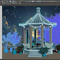 Interactive Area With Traditional Pavilion Green Plants Blue Pots Starry Sky Bench And Table
