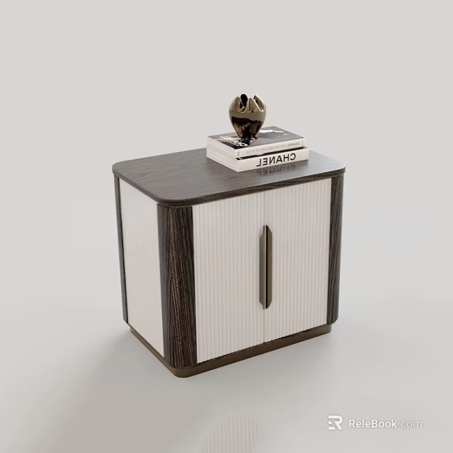 Wooden Nightstand With White Door Metal Handle Books And Decorative Item On Top 3d model 