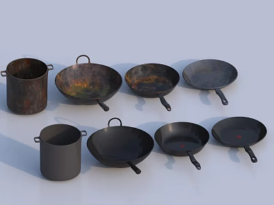 Assorted Cast Iron Cookware With Frying Pans Woks And Saucepan In Black Finish 3d model
