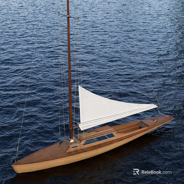 Classic Wooden Sailing Boat With White Sail Floating on Calm Blue Water 3d model 