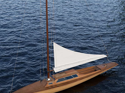 Classic Wooden Sailing Boat With White Sail Floating on Calm Blue Water 3d model