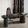 Modern Dark Desk and Red Leather Chair with Bookshelf Sculptures Near White Vertical Striped Wall