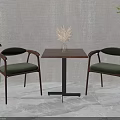 Minimalist Wooden Table And Chair Set With Green Upholstered Seats Black Metal Base And Plants