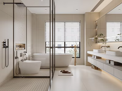 Modern Bathroom Interior Design With Glass Shower Enclosure White Bathtub Double Sinks And Large Mirror 3d model