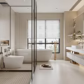 Modern Bathroom Interior Design With Glass Shower Enclosure White Bathtub Double Sinks And Large Mirror