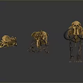 Three Golden Prehistoric Mammoth Skeletons Displayed on Dark Reflective Background