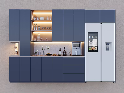 Modern Dark Blue Wine Cabinet With Open Shelves Wine Bottles And White Refrigerator 3d model