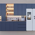 Modern Dark Blue Wine Cabinet With Open Shelves Wine Bottles And White Refrigerator