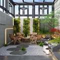 Modern Courtyard Garden with Glass Roof Gray Walls Wooden Furniture Green Plants and Gravel Floor