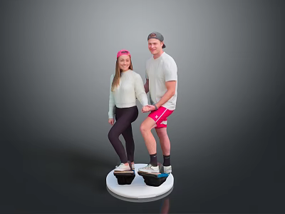 Young Woman And Young Man Standing On White Circular Platform With Black Foot Plates 3d model