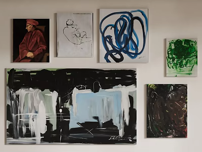 Colorful Wall Art Display With Various Paintings Including Portrait And Abstract Designs 3d model