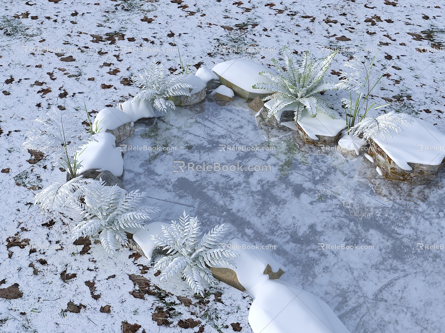 Modern Ecological Fish Pond Snow View Pond Fish Pond Ice Surface Ornamental Fish Pond Snow View Snow View Plants Snow View Stone 3d model