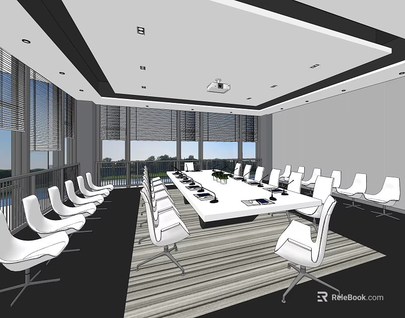 Modern Conference Room Interior Design With Large Windows White Chairs Long Table And Striped Floor 3d model 