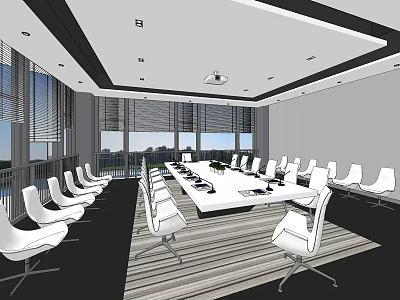 Modern Conference Room Interior Design With Large Windows White Chairs Long Table And Striped Floor 3d model