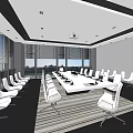 Modern Conference Room Interior Design With Large Windows White Chairs Long Table And Striped Floor