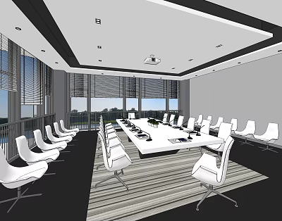 Modern Conference Room Interior Design With Large Windows White Chairs Long Table And Striped Floor 3d model