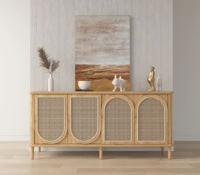Entryway Sideboard Cabinet Wooden Rattan Arch Doors with Vase Rabbit Statue and Abstract Painting Decor 3d model