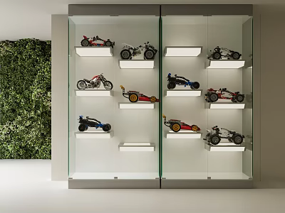 Display Cabinet Shelves Featuring Model Cars Motorcycles Glass Doors White Shelves and Green Plant Wall 3d model