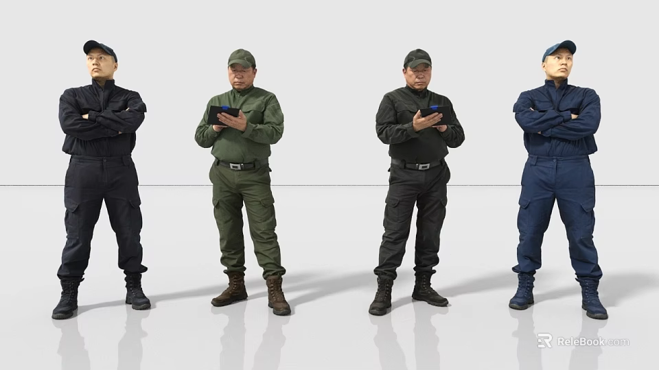 Four men wearing different colored uniforms some holding tablets others standing with arms crossed 3d model 