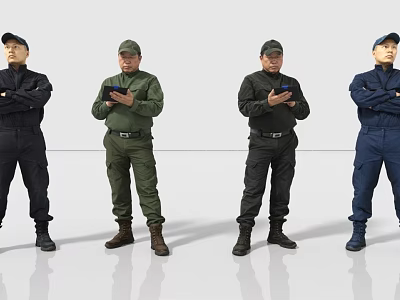Four men wearing different colored uniforms some holding tablets others standing with arms crossed 3d model
