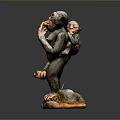 Detailed Monkey Sculpture Holding Orange Fruit Standing On Colorful Base