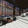 Spacious Modern Hotel Lobby Interior With Large Windows Decorative Ceiling And Tile Floor 3d model