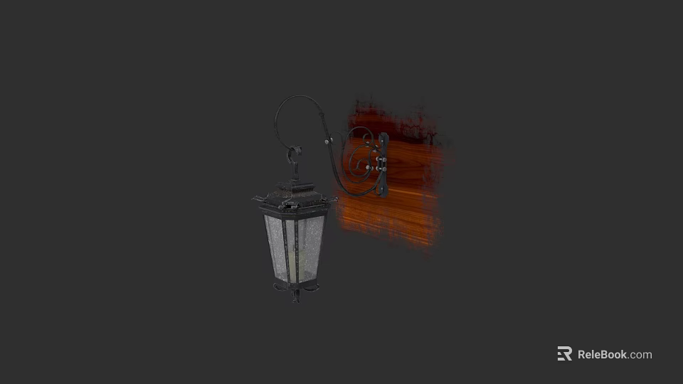 Candle Lantern Black Metal Frame Glass Shade Mounted On Wooden Background With Decorative Patterns 3d model 