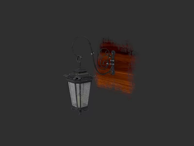 Candle Lantern Black Metal Frame Glass Shade Mounted On Wooden Background With Decorative Patterns 3d model