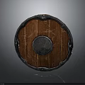 Vintage Wooden Shield With Metal Rim And Central Metal Boss Design