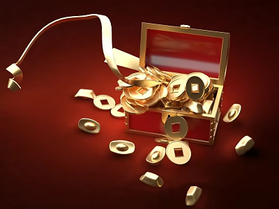 Opened Red Treasure Chest Filled With Gold Coins And Ingots Scattered Around 3d model