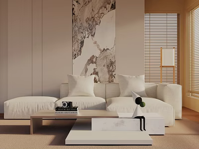 Modern Beige Three-Seater Sofa With Throw Pillows Simple Coffee Table And Wooden Blinds 3d model