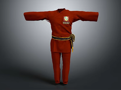 Traditional Red Martial Arts Uniform With Black Belt Yellow Trim And Insignia 3d model