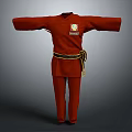 Traditional Red Martial Arts Uniform With Black Belt Yellow Trim And Insignia