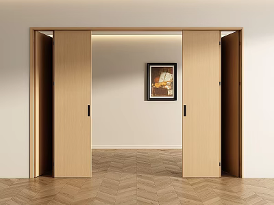 Modern Interior with Wooden Folding Doors Herringbone Floor and Framed Art 3d model