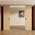 Modern Interior with Wooden Folding Doors Herringbone Floor and Framed Art