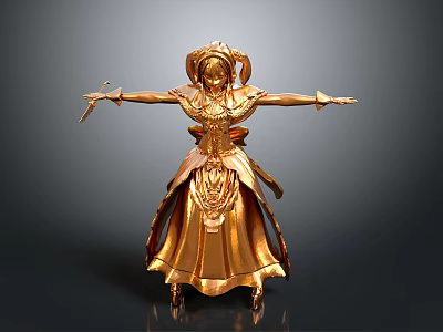 Golden Ornate Statue With Crown Sword Dress And Outstretched Arms 3d model
