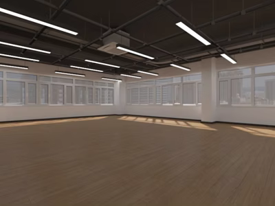 Spacious Public Office Space with Large Windows Wooden Floor and Long White Lights 3d model