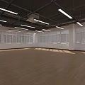 Spacious Public Office Space with Large Windows Wooden Floor and Long White Lights