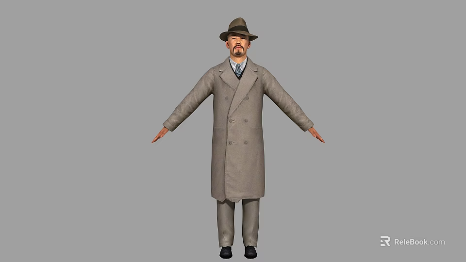 Man Wearing Gray Long Coat And Hat With Arms Outstretched 3d model 