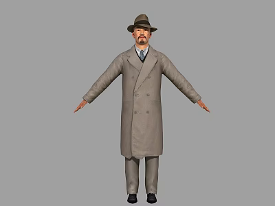 Man Wearing Gray Long Coat And Hat With Arms Outstretched 3d model