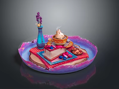 Cartoon Scene Of Colorful Tray With Blue Vase Purple Flowers Dessert Cake And Berries 3d model