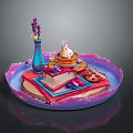 Cartoon Scene Of Colorful Tray With Blue Vase Purple Flowers Dessert Cake And Berries