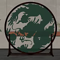 Round Wooden Frame Screen With Green White Dragon Pattern In Modern Interior 3d model