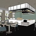 Modern Restaurant Interior Design With Dining Tables Chairs Pendant Lights And Buffet Counter